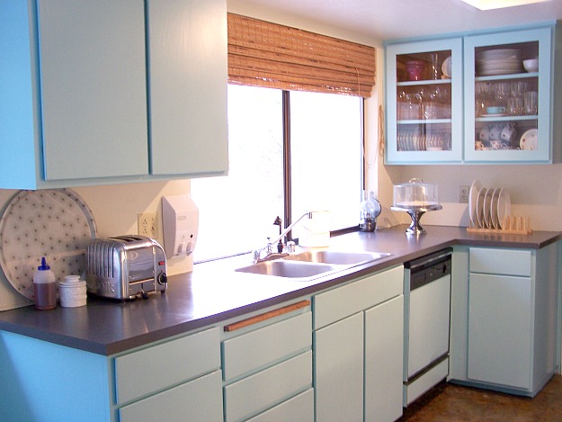 kitchen with pale blue cabinets