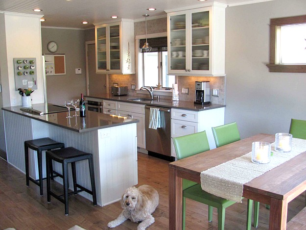 A kitchen with a dog sitting beside a table