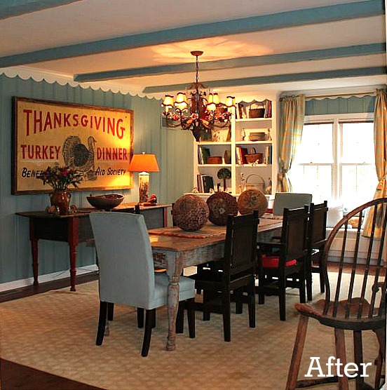 A dining room after paneling painted blue