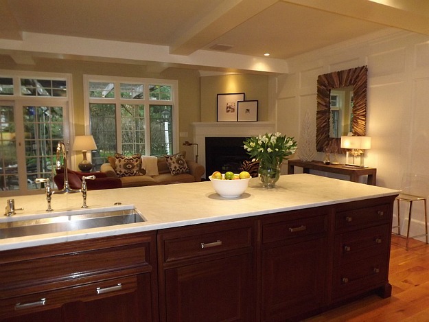 A kitchen with a sink and a window