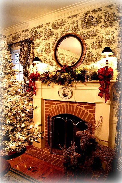 fireplace with garland on mantel