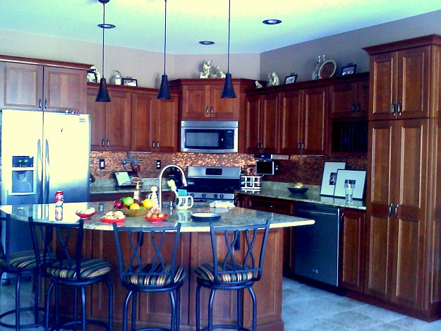 Barbara Ann's kitchen cherry cabinets penny backsplash