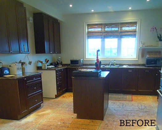 Chris's builder basic kitchen dark cabinets before