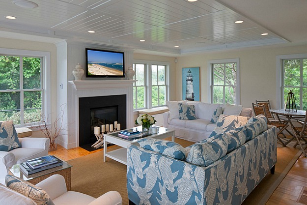 paneled ceiling blue and white living room Cape Cod