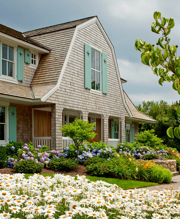 shingled house turquoise shutters Cape Cod