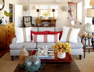 Beach Haven Beach Cottage living room red accents