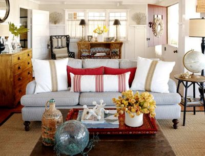 Beach Haven Beach Cottage living room red accents