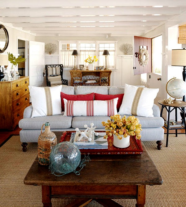 Beach Haven Beach Cottage living room red accents