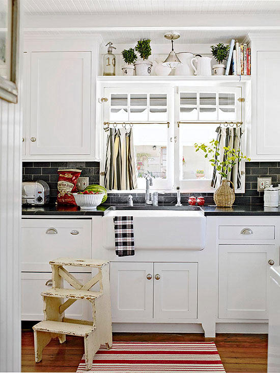 Black and White Beach Cottage Kitchen Red Accents