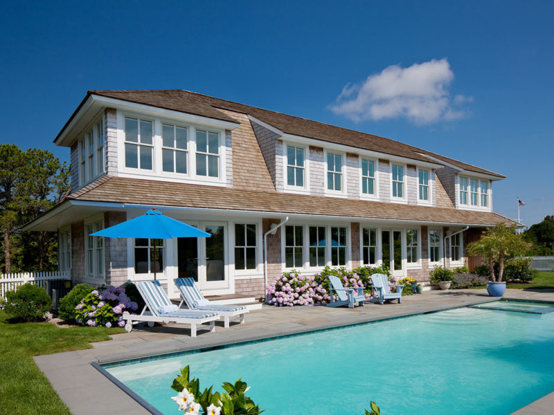 back exterior of Little Beach Shingled House and pool