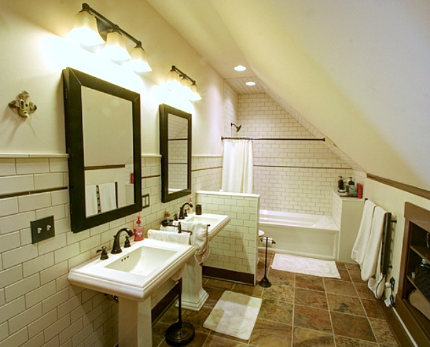 bathroom with slanted attic wall