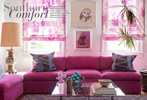 A colorful living room featured in Lonny Magazine