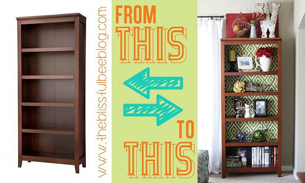 DIY bookshelf makeover with fabric