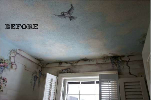 Mural on ceiling of half bath before