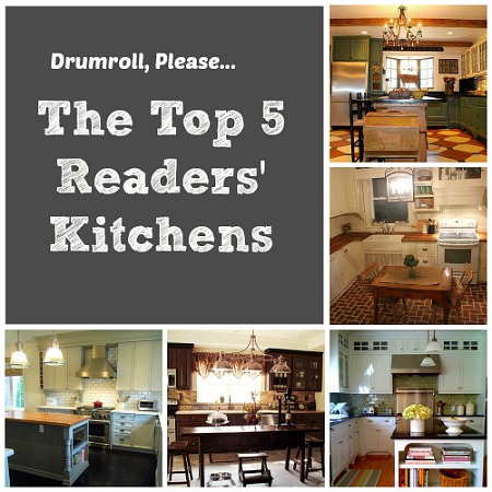 collage of photos of readers\' kitchens with words that say Top 5 Readers\' Kitchens