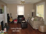 A living room filled with furniture and a fireplace before redecorating