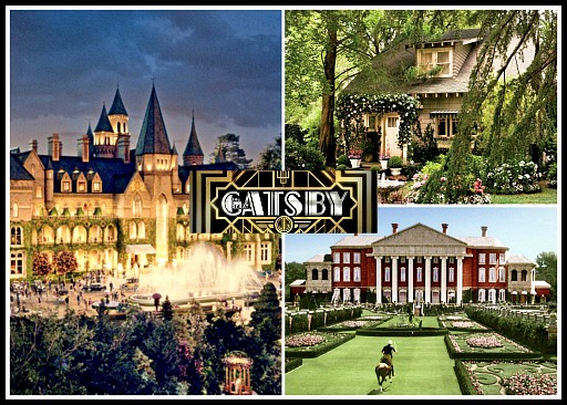 collage of photos of houses from Great Gatsby movie with logo in center