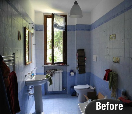 purple bathroom before remodel