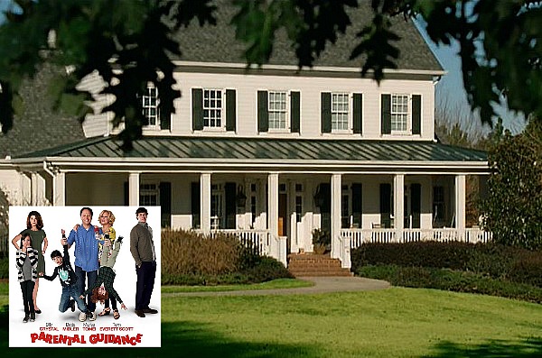 front exterior of white house with green shutters in Parental Guidance movie