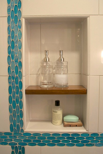 built-in shelves in new shower