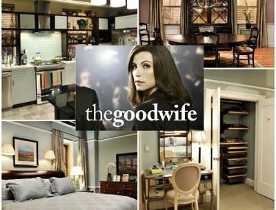 collage of photos from The Good Wife apartment sets and series logo inset