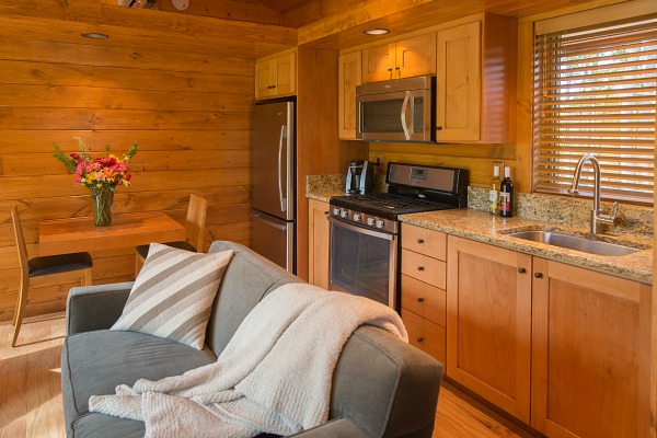 cabin kitchenette with wood walls