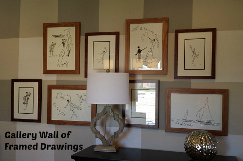 Gallery Wall of Framed Drawings in Study
