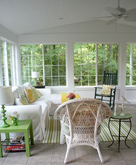 Julia\'s sunroom with vaulted ceiling and white Ektorp slipcovered sofa