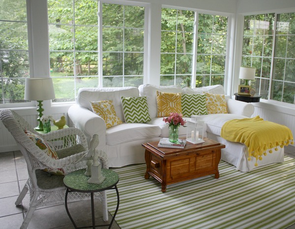 white sofa in sunroom