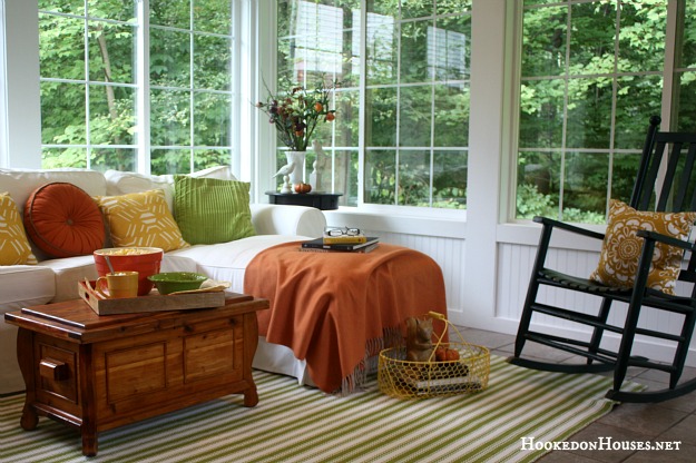 Julia's sunroom decorated for fall | hookedonhouses.net