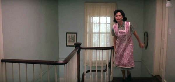 Sally Field on second floor landing of Gump house