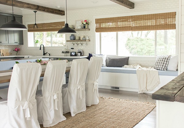 kitchen with window seat and bamboo shades on window