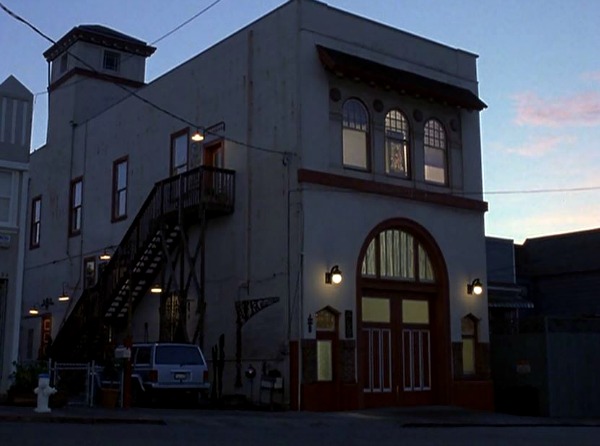 The converted firehouse in \"Princess Diaries\" at night