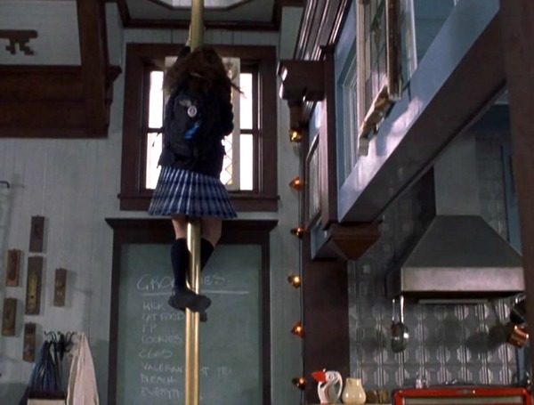 sliding down the fireman\'s pole in Princess Diaries fire house