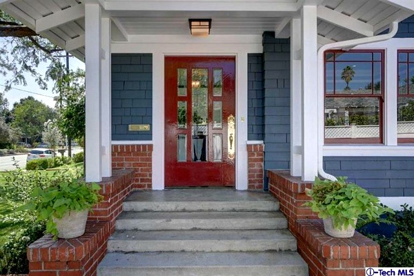 Red front door with blue siding on Craftsman in Pasadena | hookedonhouses.net