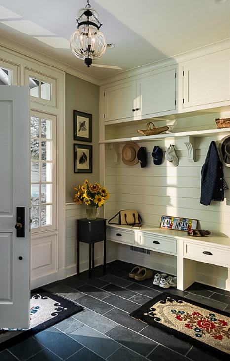 entry hall of lake house with hooks and cubbies