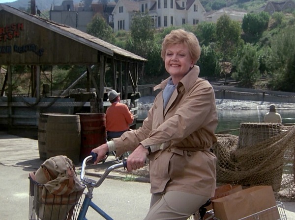 Angela Lansbury on her bike Cabot Cove