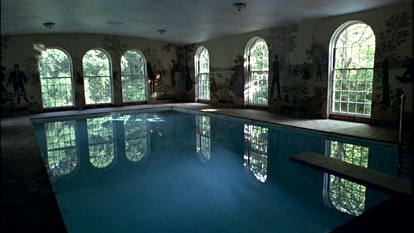 indoor pool with murals on walls