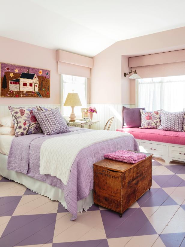 Purple bedroom with painted floors