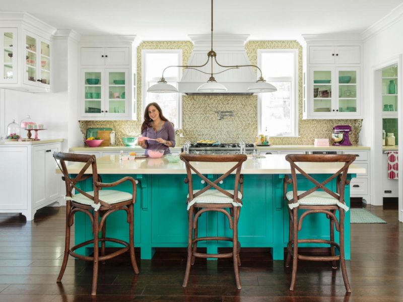 Teal Island with Purple accents in Kitchen