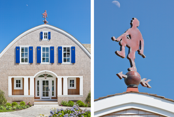 two photos of waterfront home and weathervane on roof