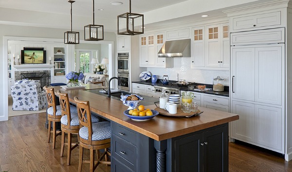 A kitchen with an island in the middle of a room