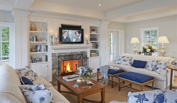 A living room filled with furniture and a fire place