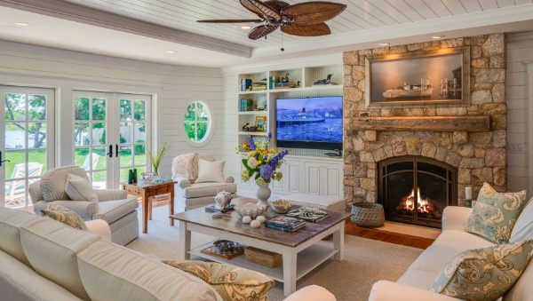 A living room filled with furniture and a fire place