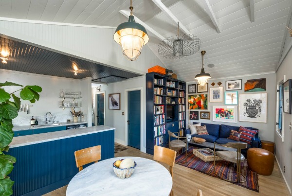 view of kitchen and living space inside tiny bungalow