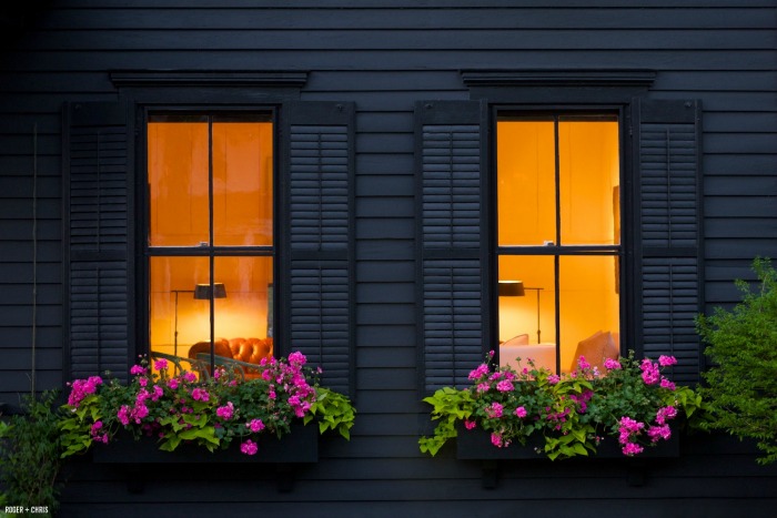 window boxes filled with pink flowers