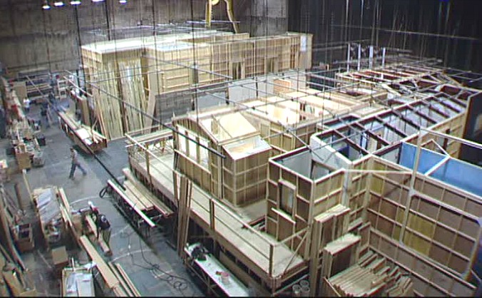 Production photo of sets being built on a soundstage for the movie "Monster-in-Law"