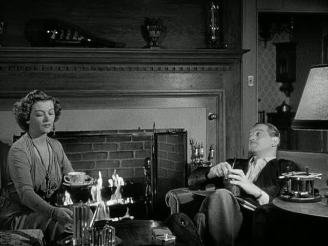 Myrna Loy sitting by the fire with Bill Cole