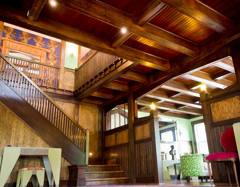 staircase in entry hall of foursquare-style home