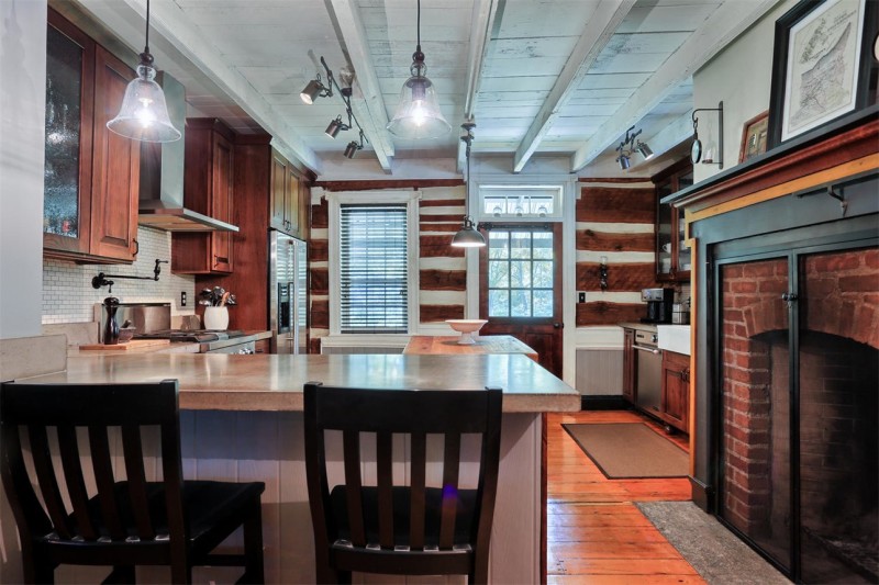 kitchen with log walls